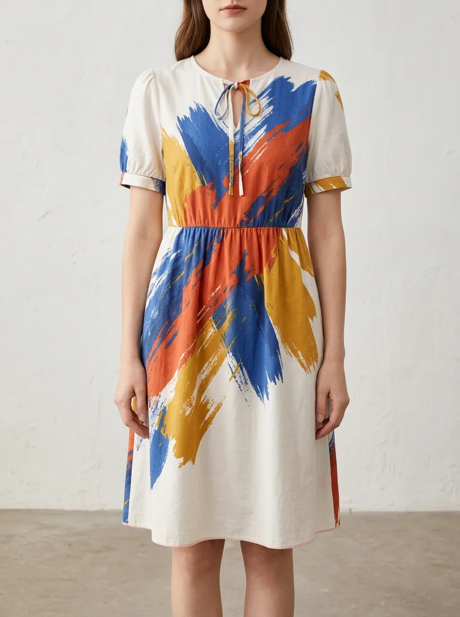Women's Brushstroke Print Tie-Neck Midi Dress