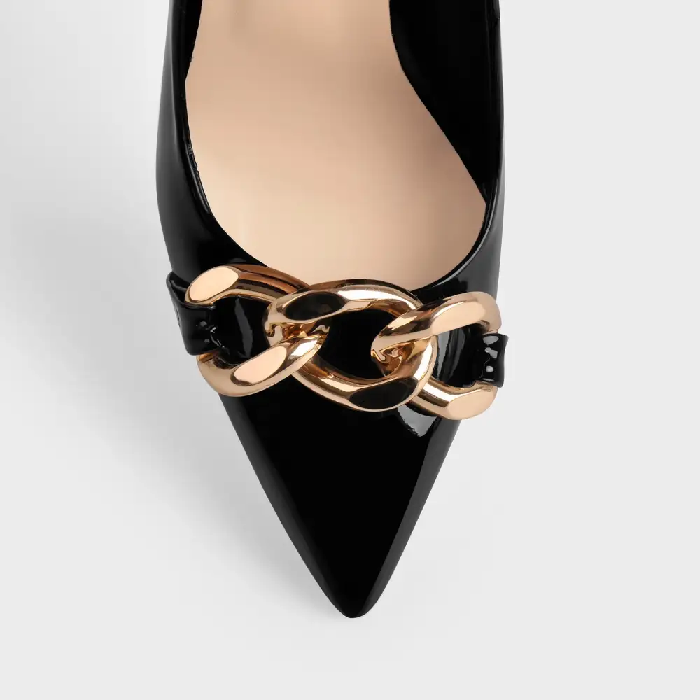 Modern Patent Finish Pointed Toe Stiletto Chain Accent Pumps