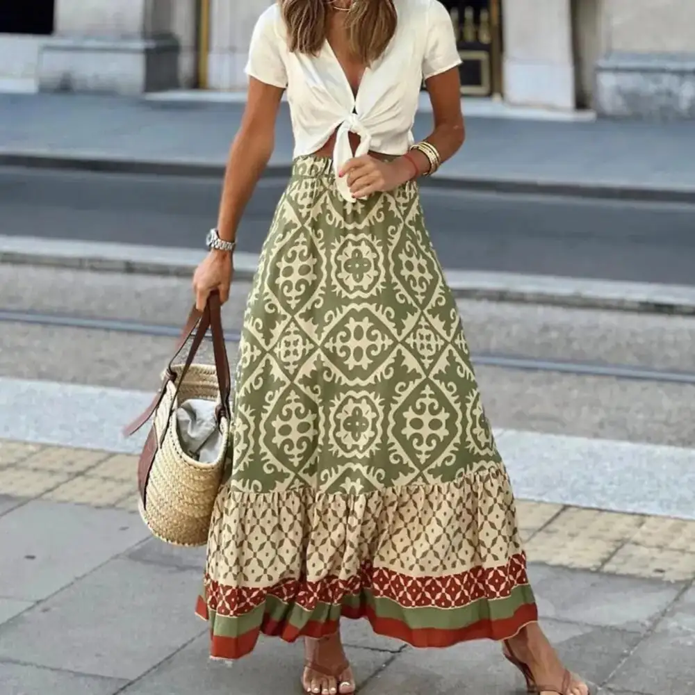  Boho Geometric Print Tiered Maxi Skirt