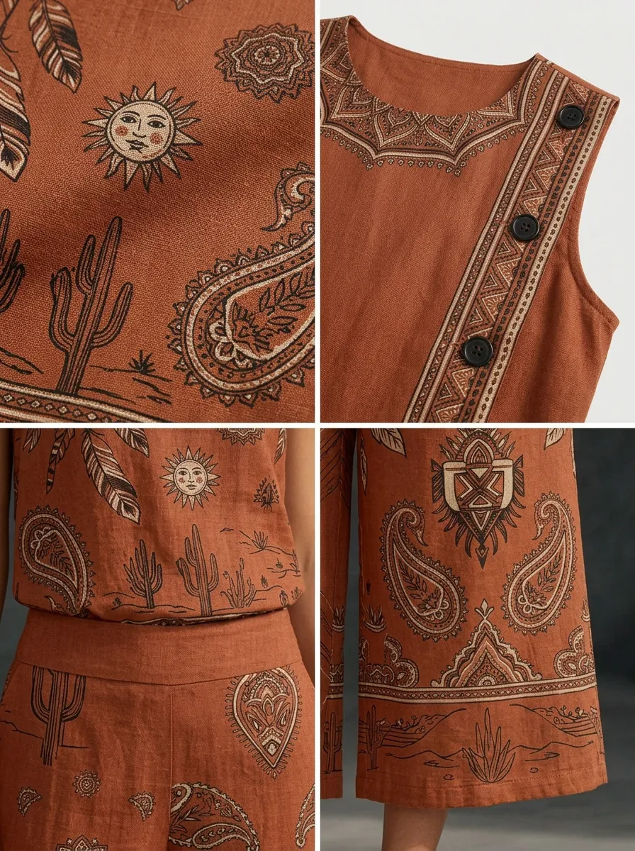 Women's Boho Desert Cactus Paisley Printed Sleeveless Set