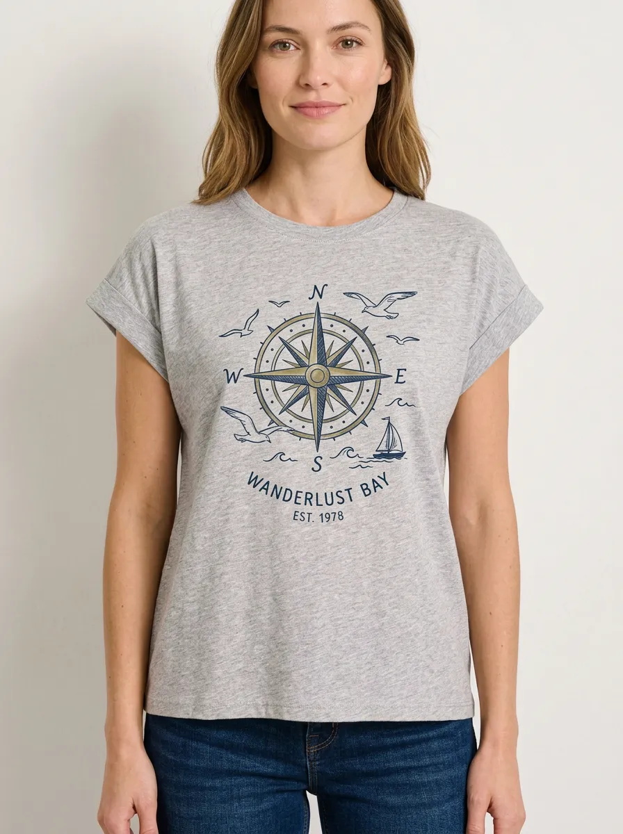 Women's Nautical Travel Lover Compass Sailboat Printed T-shirt