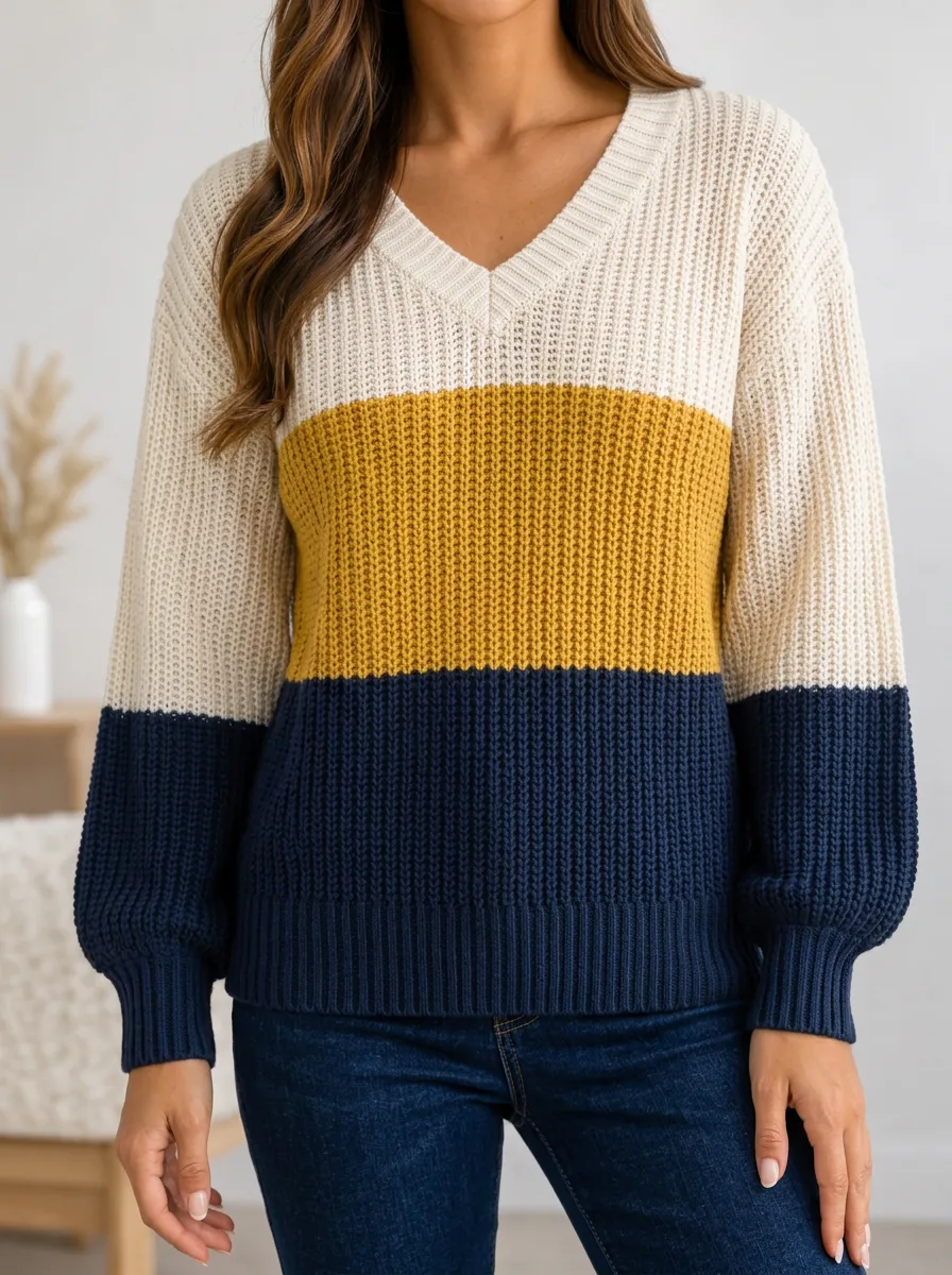 V Neck Colorblock Soft Knit Knit Sweater for Women