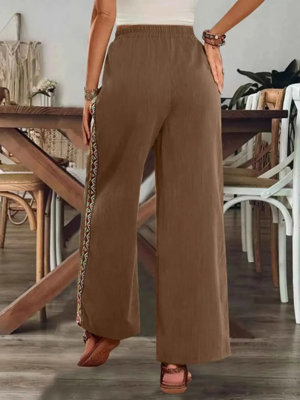Bohemian Wide-Leg Embroidered Side Stripe Pants