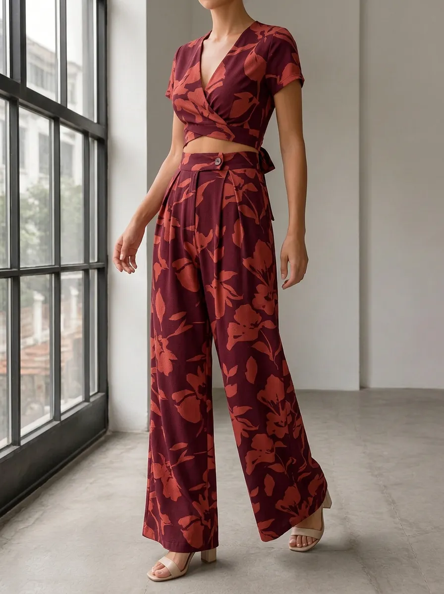Women's Summer Casual Floral Patterned Wrap Crop Wide Leg Pants Set