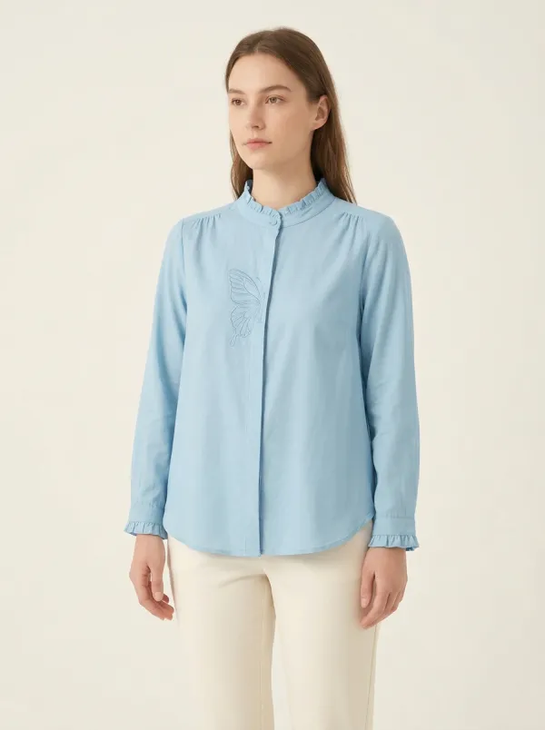 Women's Butterfly-Embroidered Ruffle-Trim Mandarin Shirt