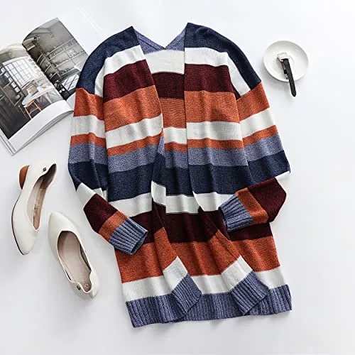 Womens Cardigan Color Block Striped Draped Kimono Cardigans Long Sleeve Open Front Casual Knit Sweaters Coat Outwear