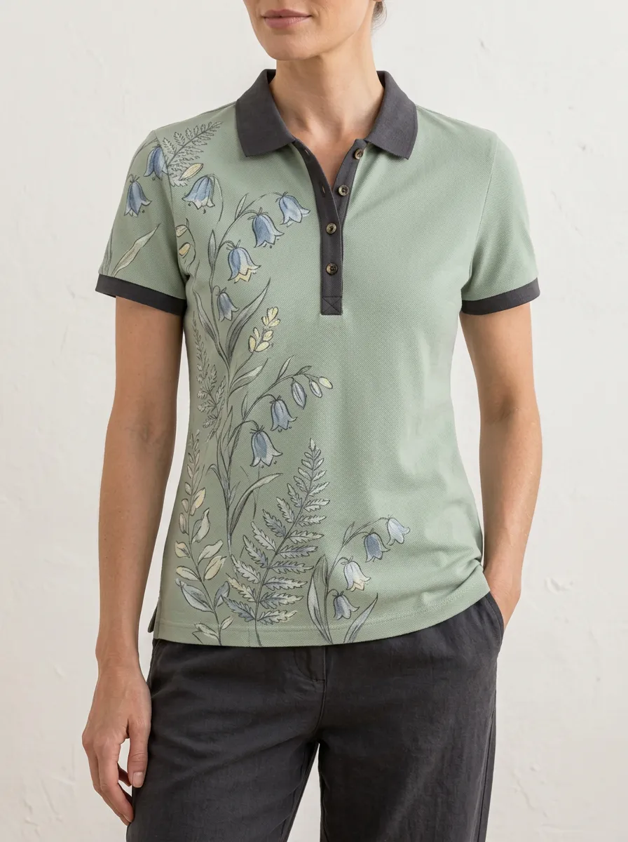 Women's Botanical Nature Lover Bluebell Fern Printed Polo Shirt