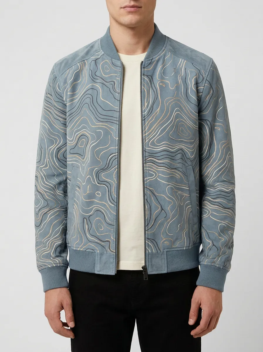 Topographic Print Contrast Panels Bomber Jacket