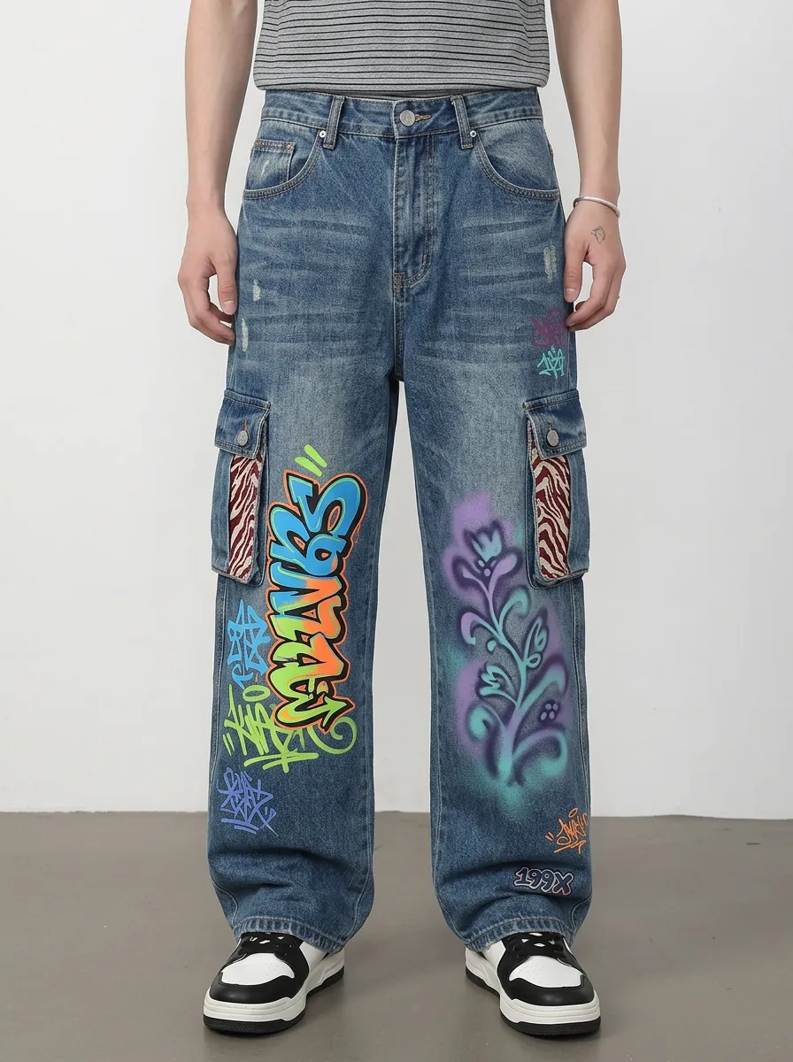 Men's Streetwear Graffiti Floral Urban Graphic Cargo Jeans