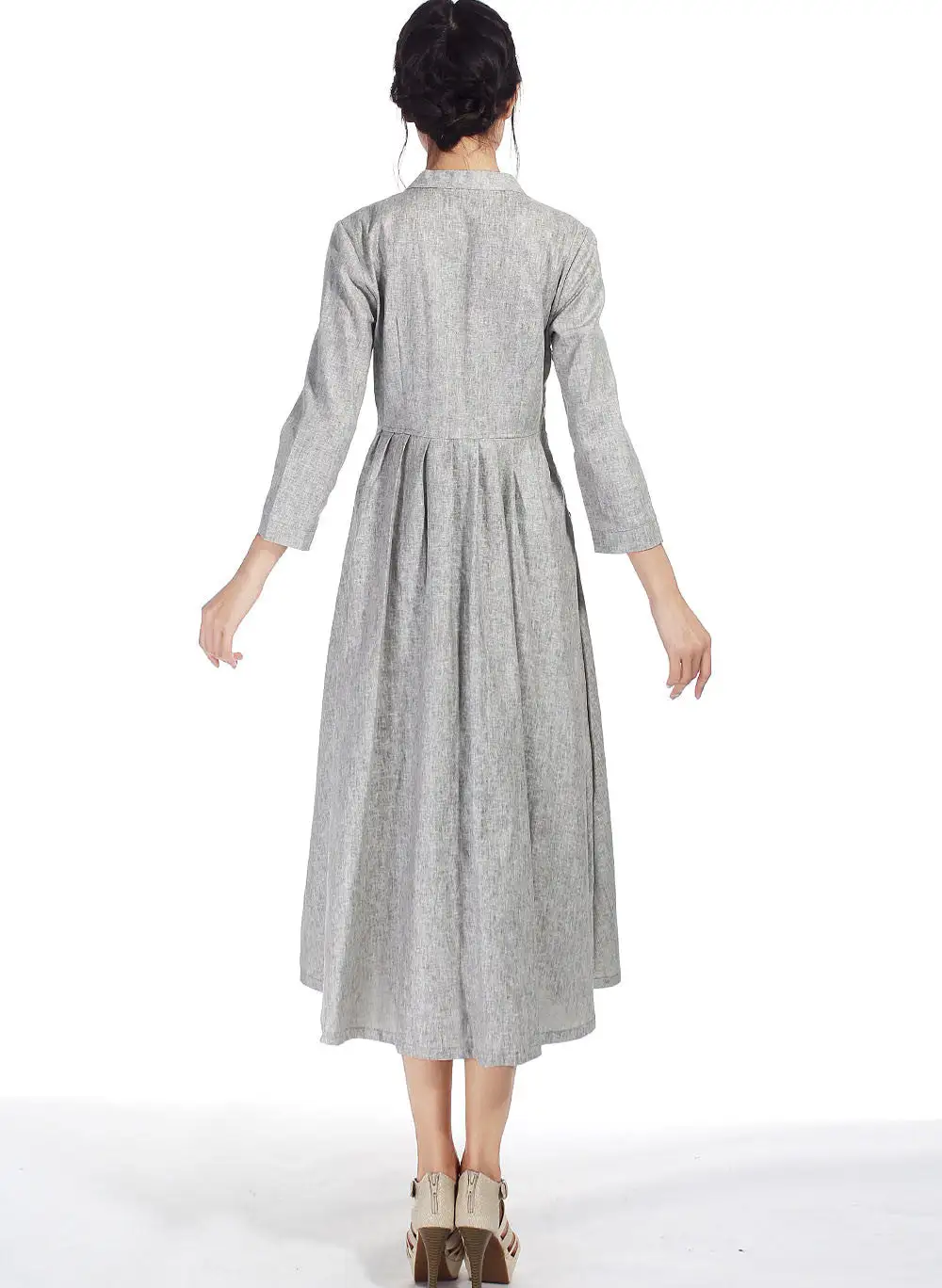 Linen Cotton Shirt V Neck Three Quarter Sleeve Maxi Dress