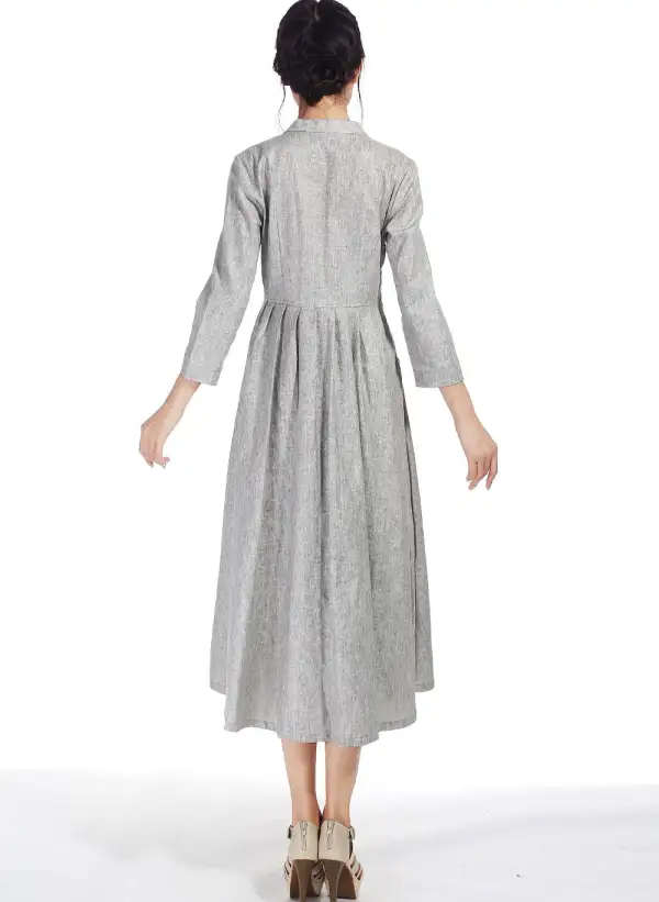 Linen Cotton Shirt V Neck Three Quarter Sleeve Maxi Dress