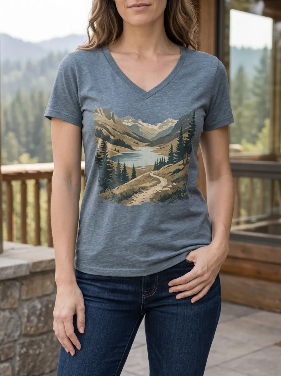 Women's Nature Hiking Lover Mountain Lake Printed V-Neck T-Shirt