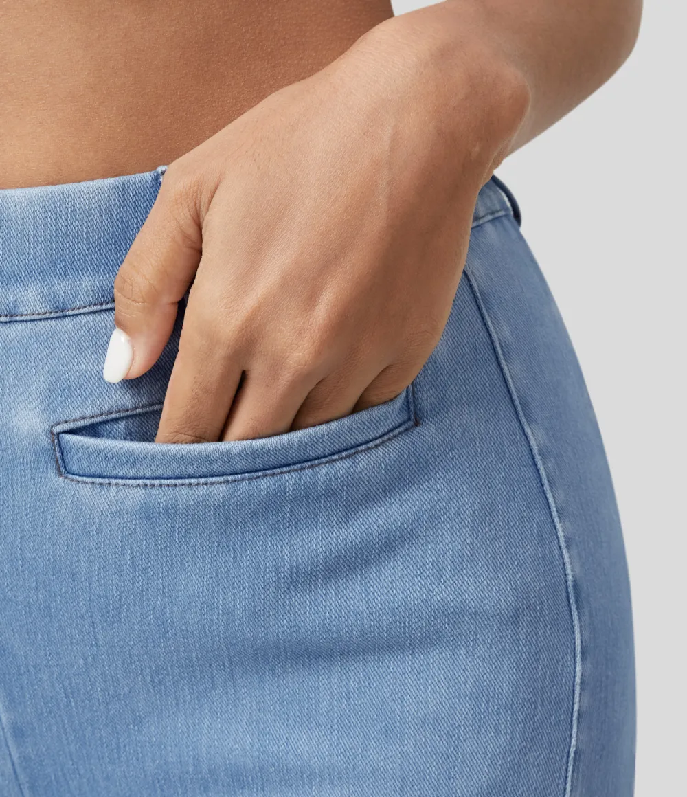 Magic High Waisted Multiple Pockets Washed Stretchy Knit Casual Super Flare Jeans