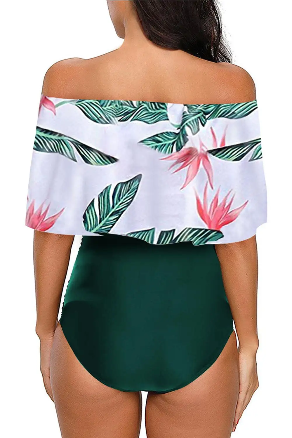 Leopard Printed Off Shoulder Flounce Overlay One-piece Swimwear