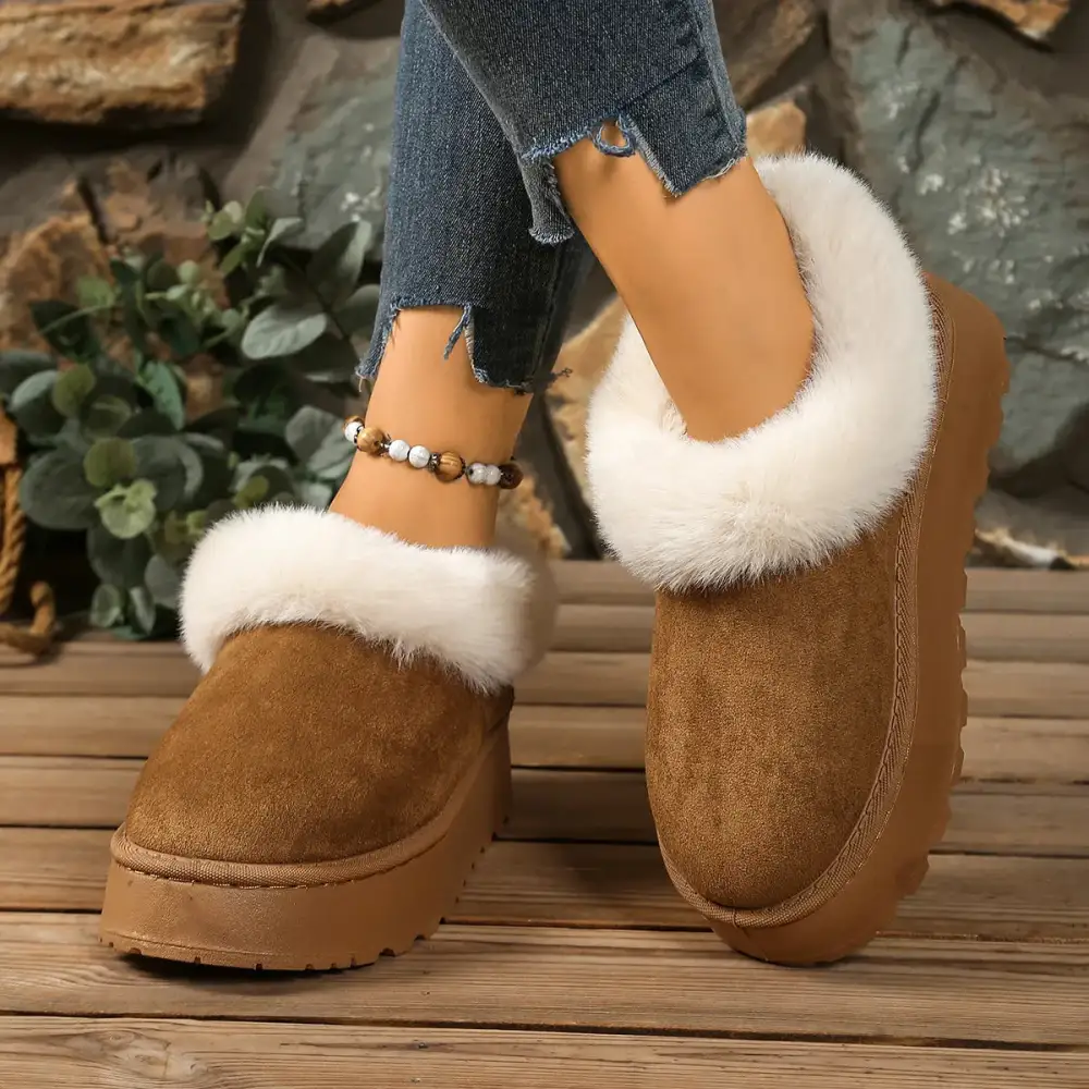 Fuzzy Trim Round Toe Platform Boots