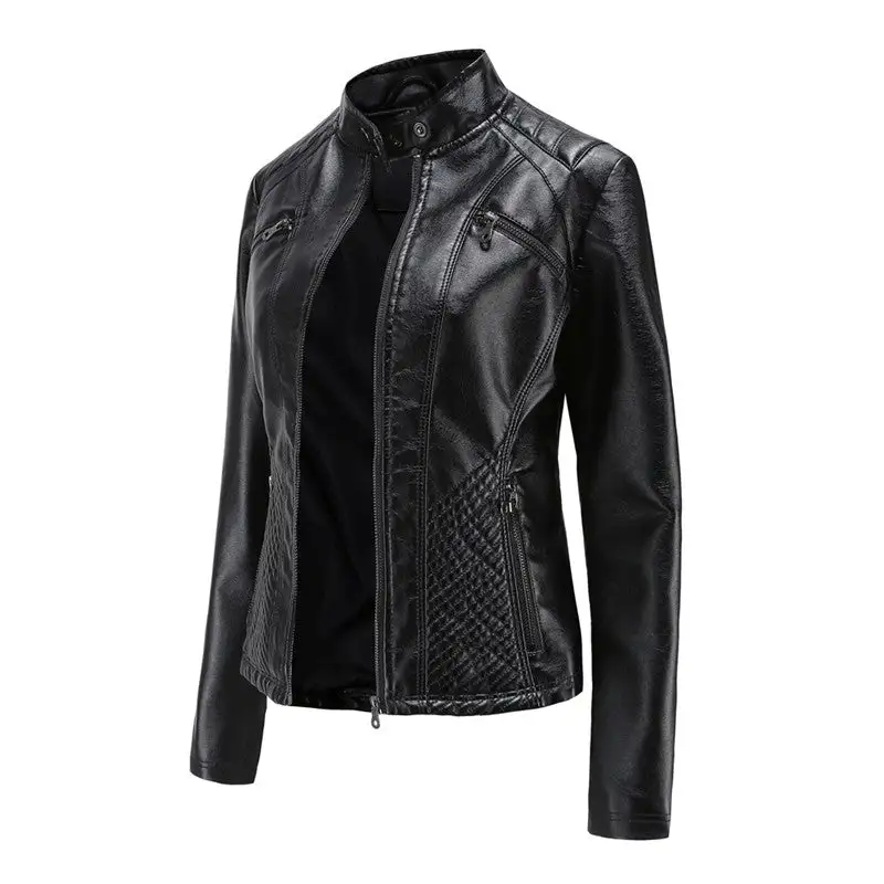 Relaxed Stand-Collar Faux-Leather Leather Casual Outerwear Jacket