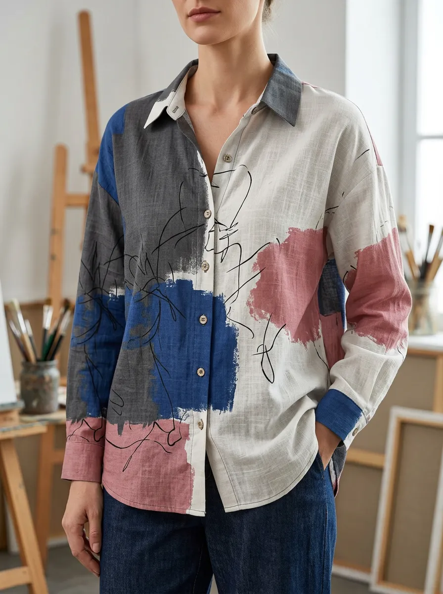 Women's Abstract Art Color Block Line Drawing Printed Shirt