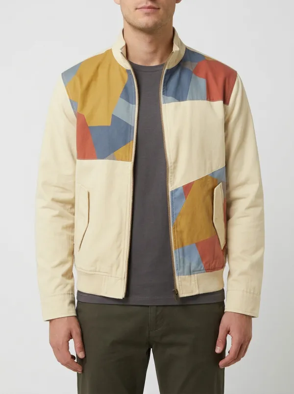 Geometric Print Stand Collar Panel Detail Bomber Jacket