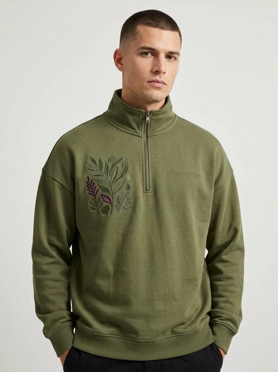Outdoor-Inspired Half-Zip Botanical Leaf-Pattern Men's Half-Zip Sweatshirt