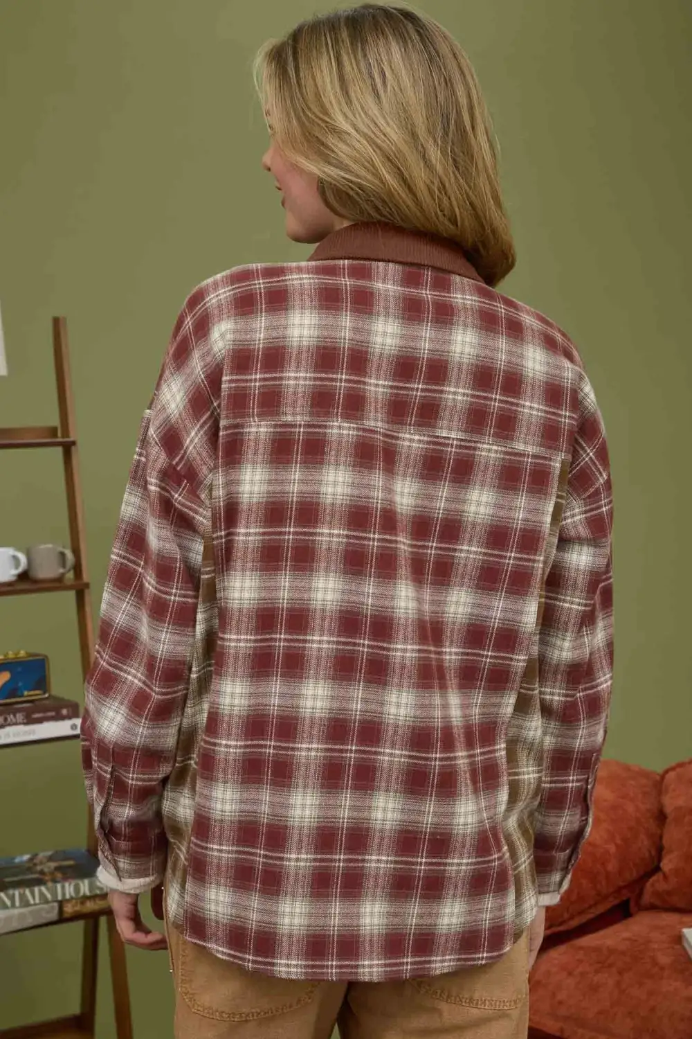 Women's Plaid Long Sleeve Contrast Detail Blouse