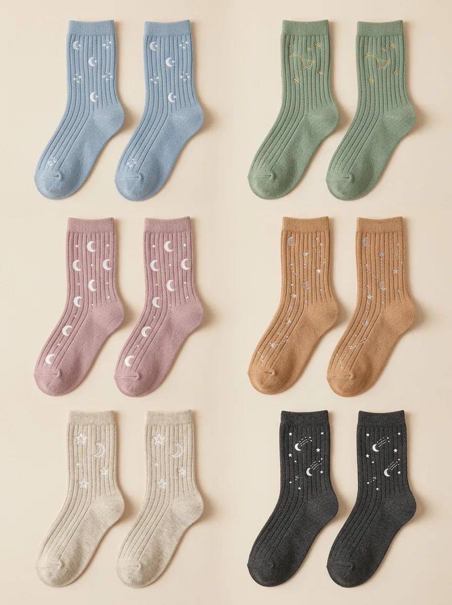 Women's Celestial Embroidered Ribbed Crew Sock Set