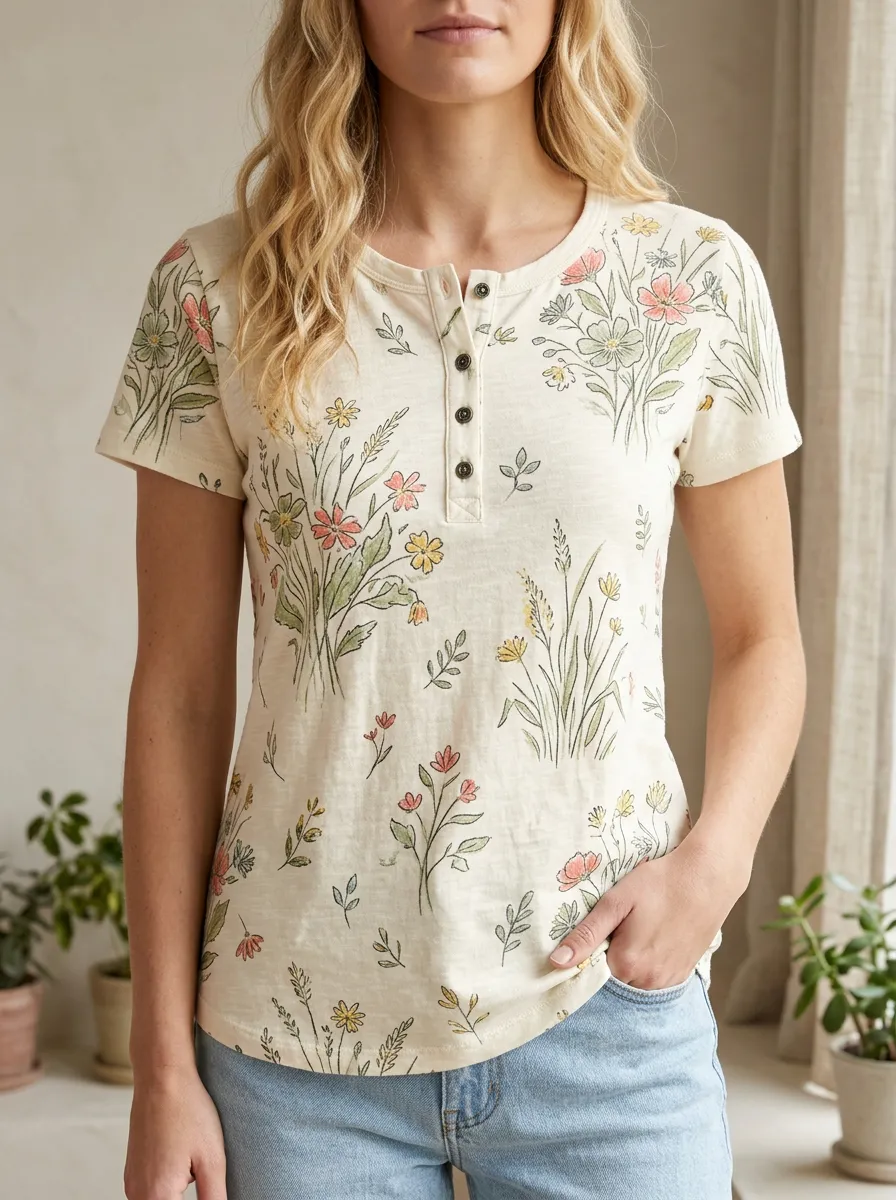 Women's Modern Floral Nature Lover Wildflower Henley T-Shirt