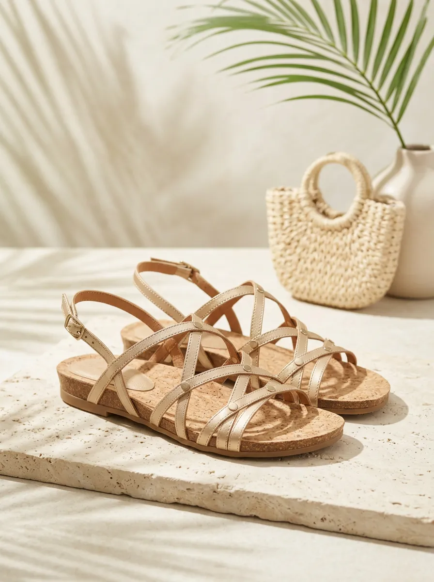 Buckle-Strap T-Strap Cork-Detail Ankle-Strap Women's Summer Sandals