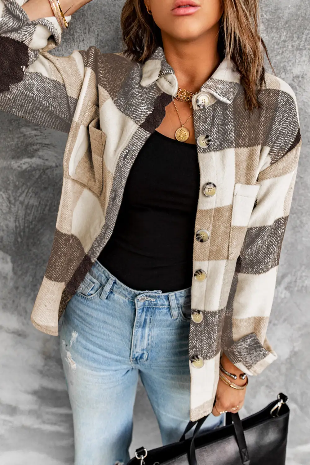 Plaid Block Button Long Sleeve Jacket With