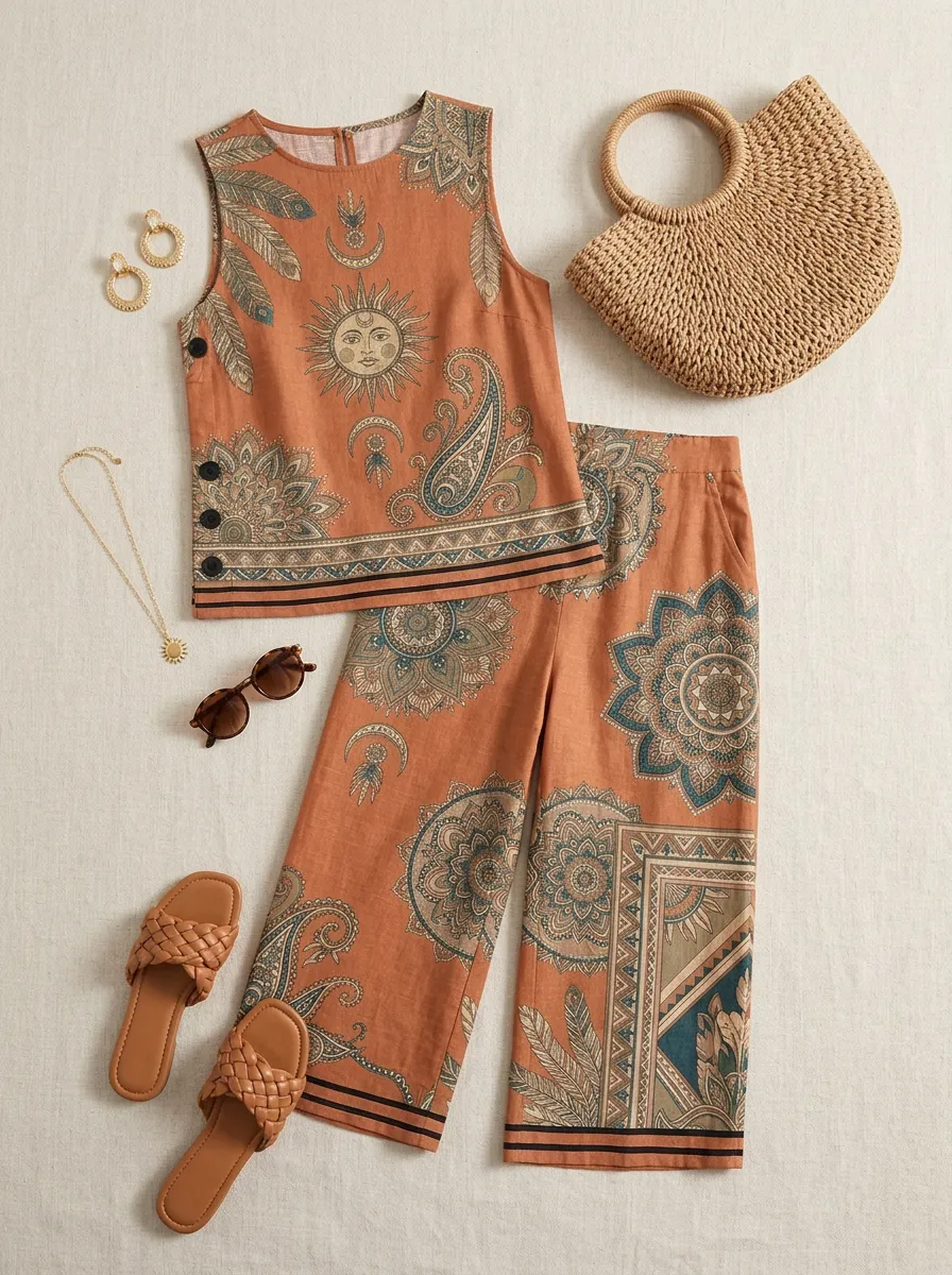 Women's Boho Sun Mandala Paisley Printed Sleeveless Set