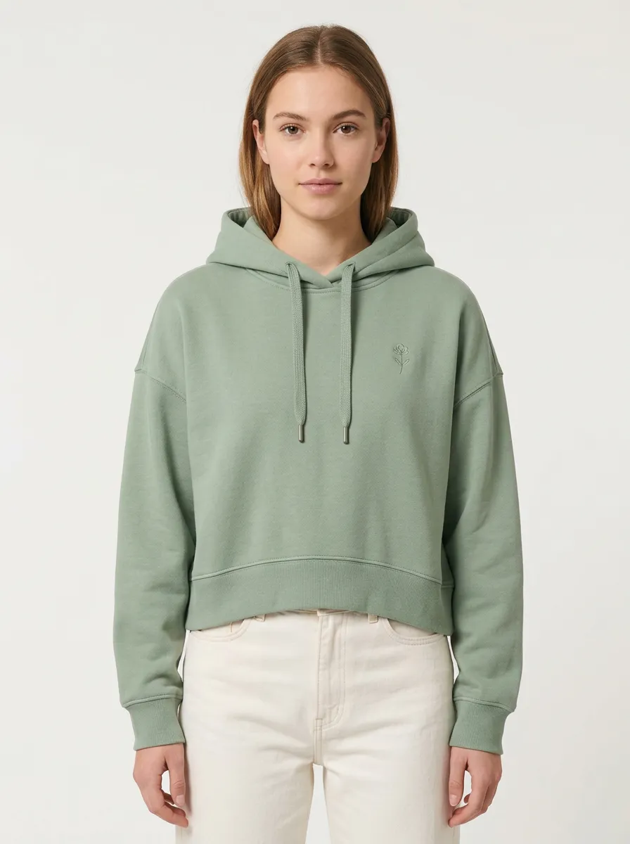 Women's Casual Minimalist Floral Sage Green Embroidered Hoodie