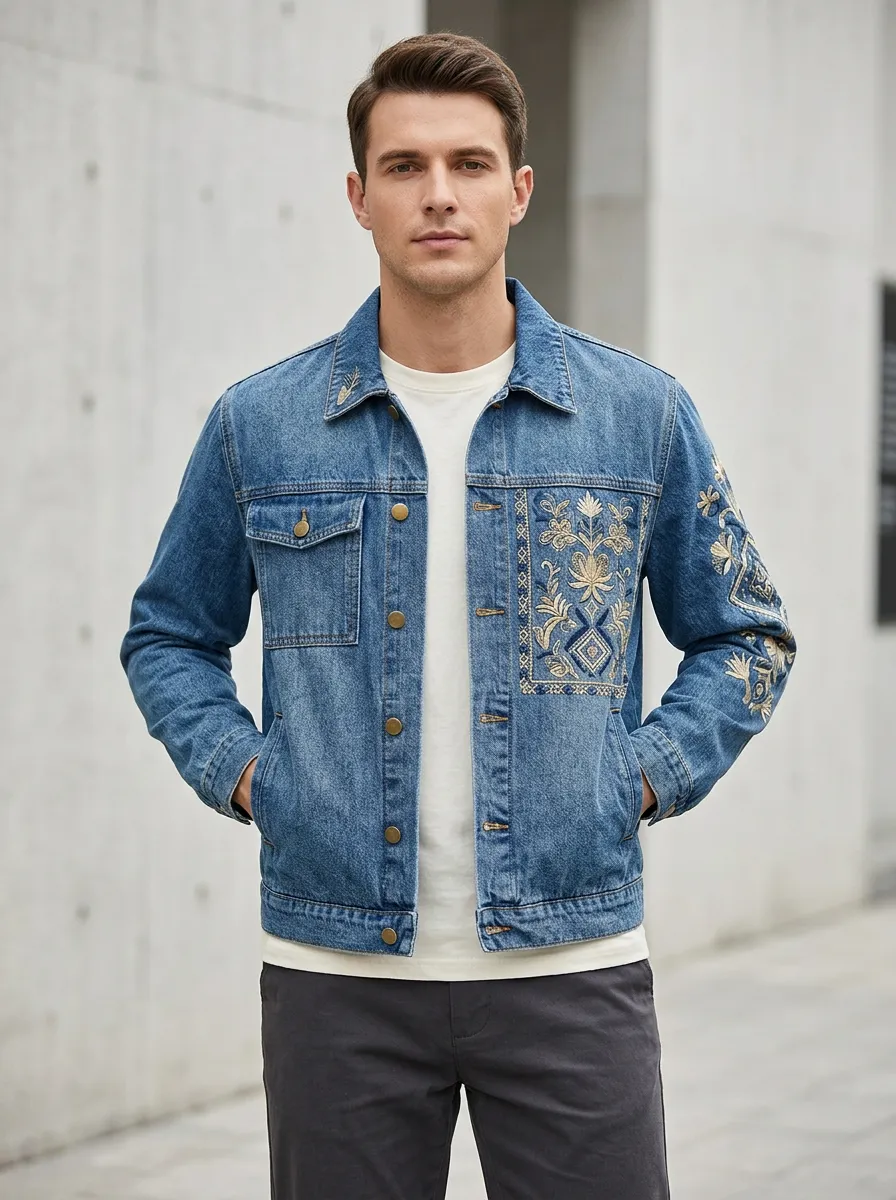 Men's Floral Modern Style Vintage Inspired Denim Jacket