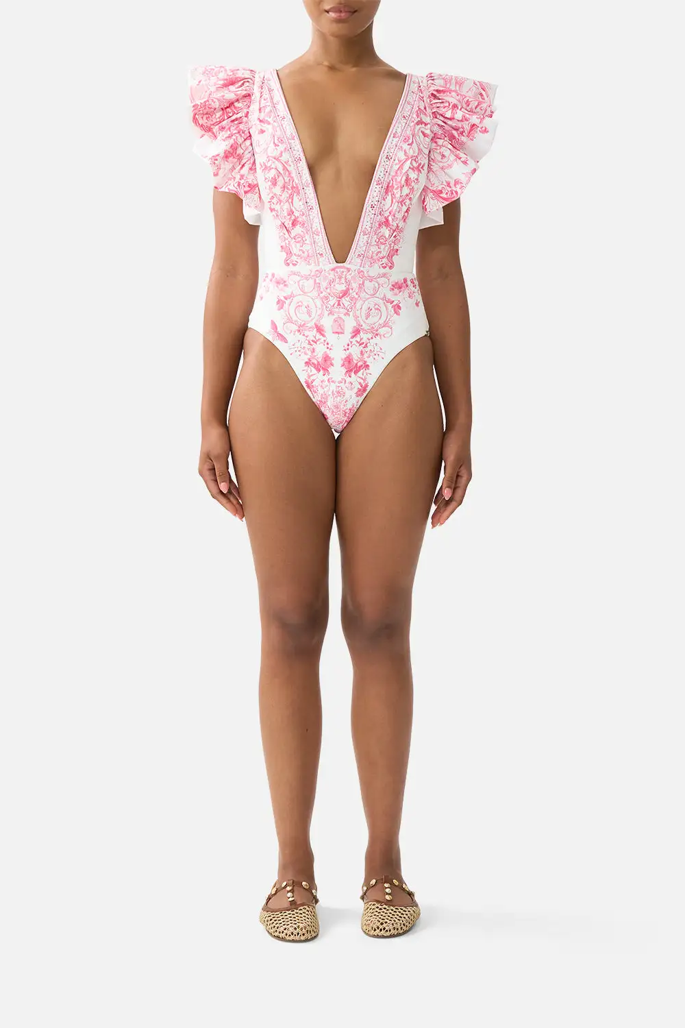 Plunge One-Piece Swimsuit with Pleated Ruffle Sleeves