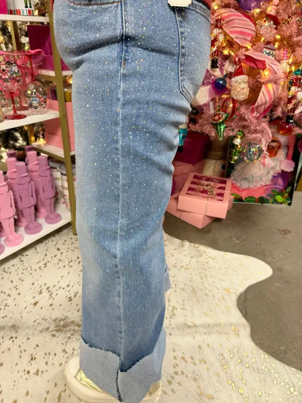 Rhinestone Cuff Wide Leg Jeans