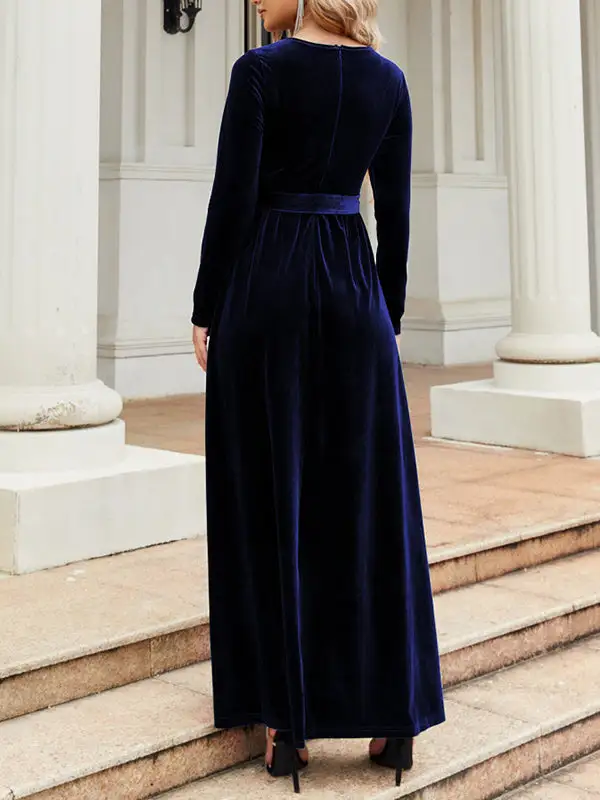Pleated Wrap Belted Long Neck Maxi Dress