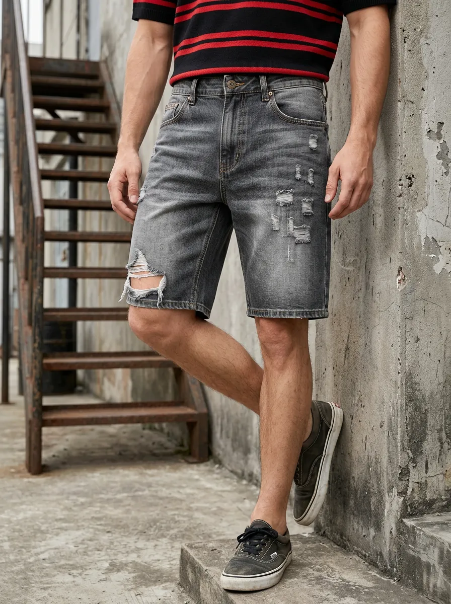 Men's Five Pocket Distressed Denim Shorts with Denim Detail