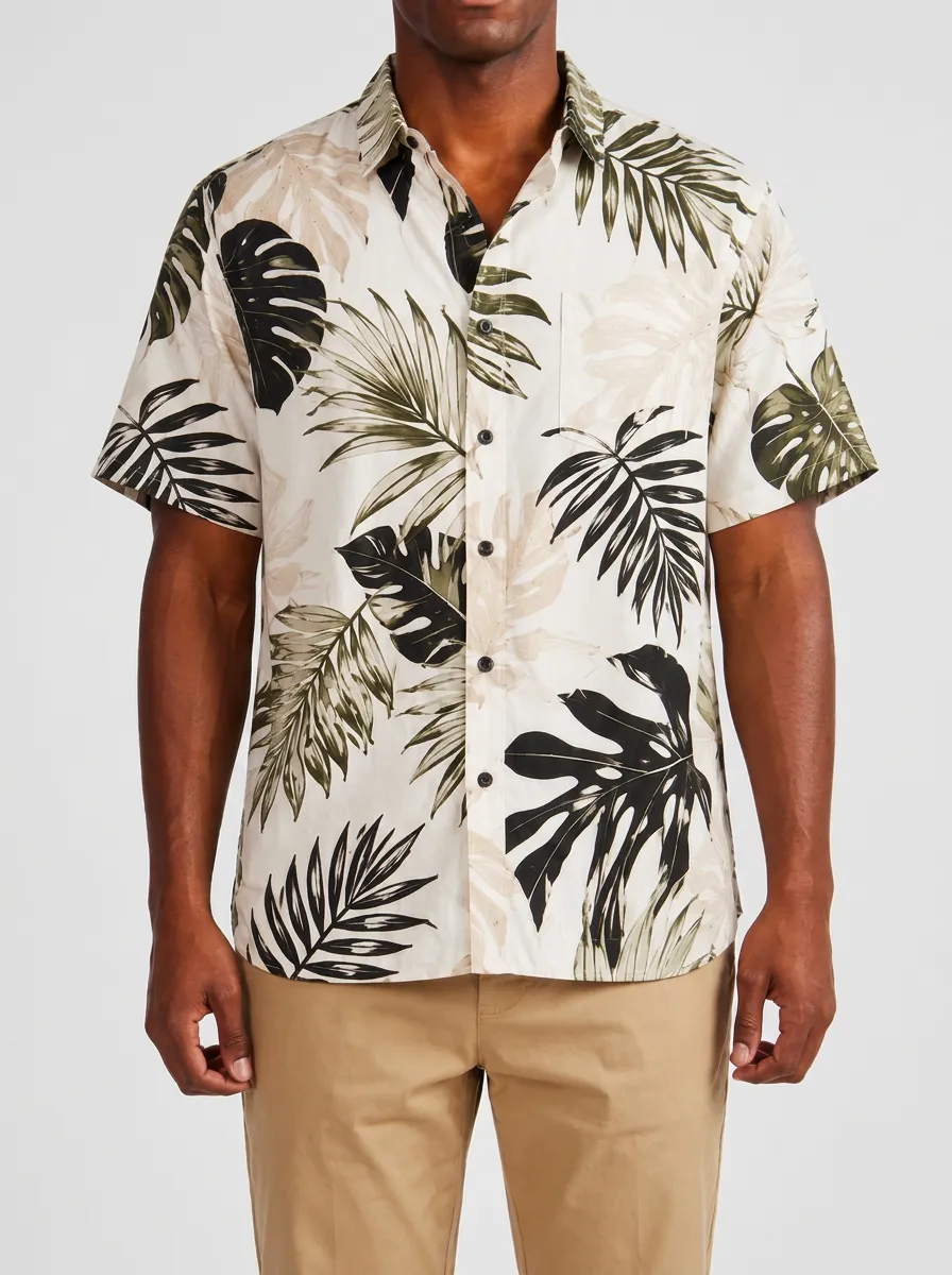 Men's Tropical Leaf Print Short Sleeve Shirt with Full-length button placket with buttons