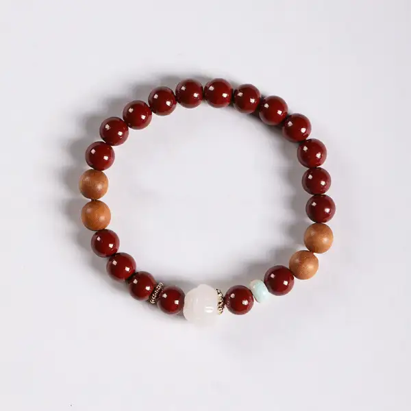Cinnabar Wood Beads Lotus Fu Character Bracelet