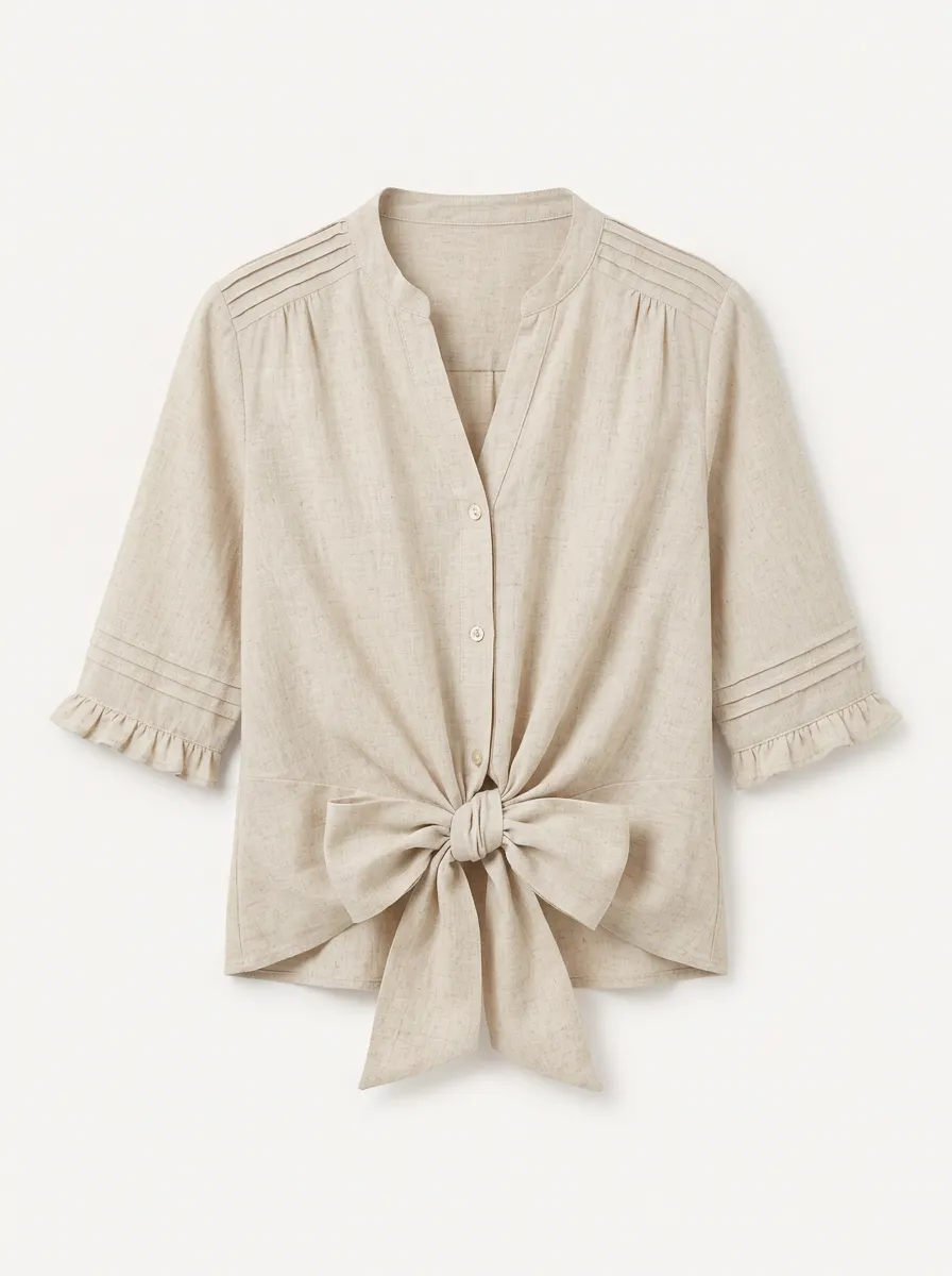 Women's Beige Linen Blend Tie-Front Ruffle Sleeve Blouse