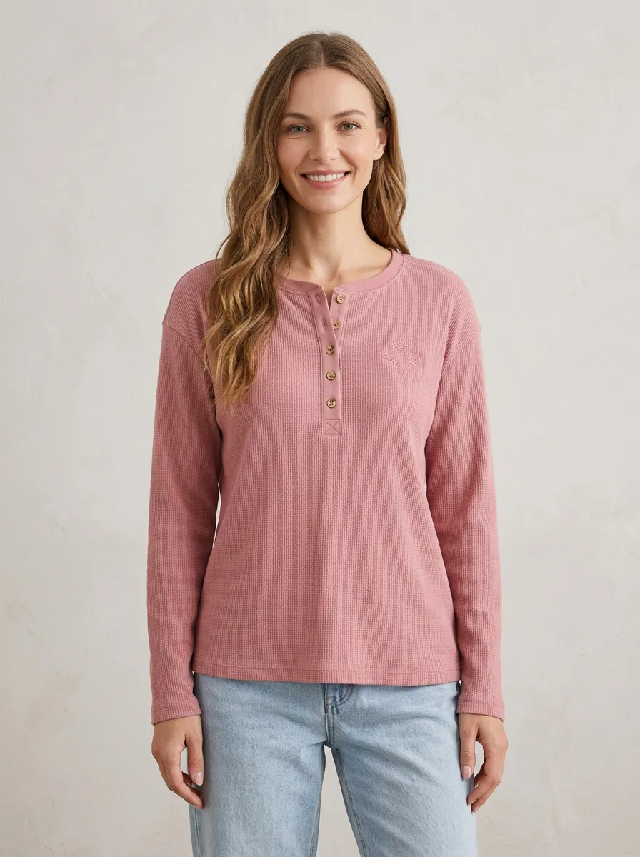 Women's Casual Minimalist Embroidered Waffle Knit Henley Shirt