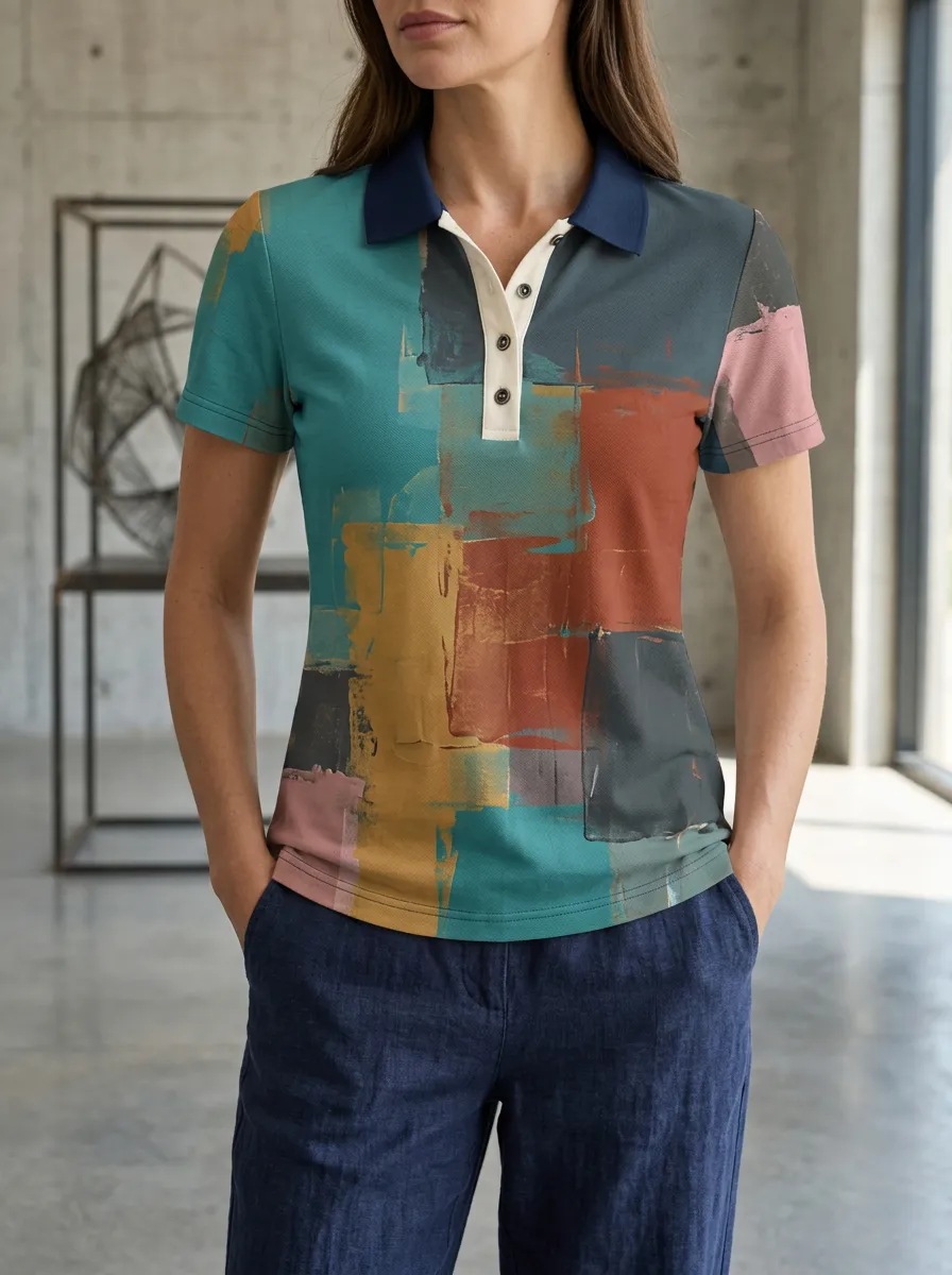 Women's Abstract Art Pattern Printed Polo Shirt