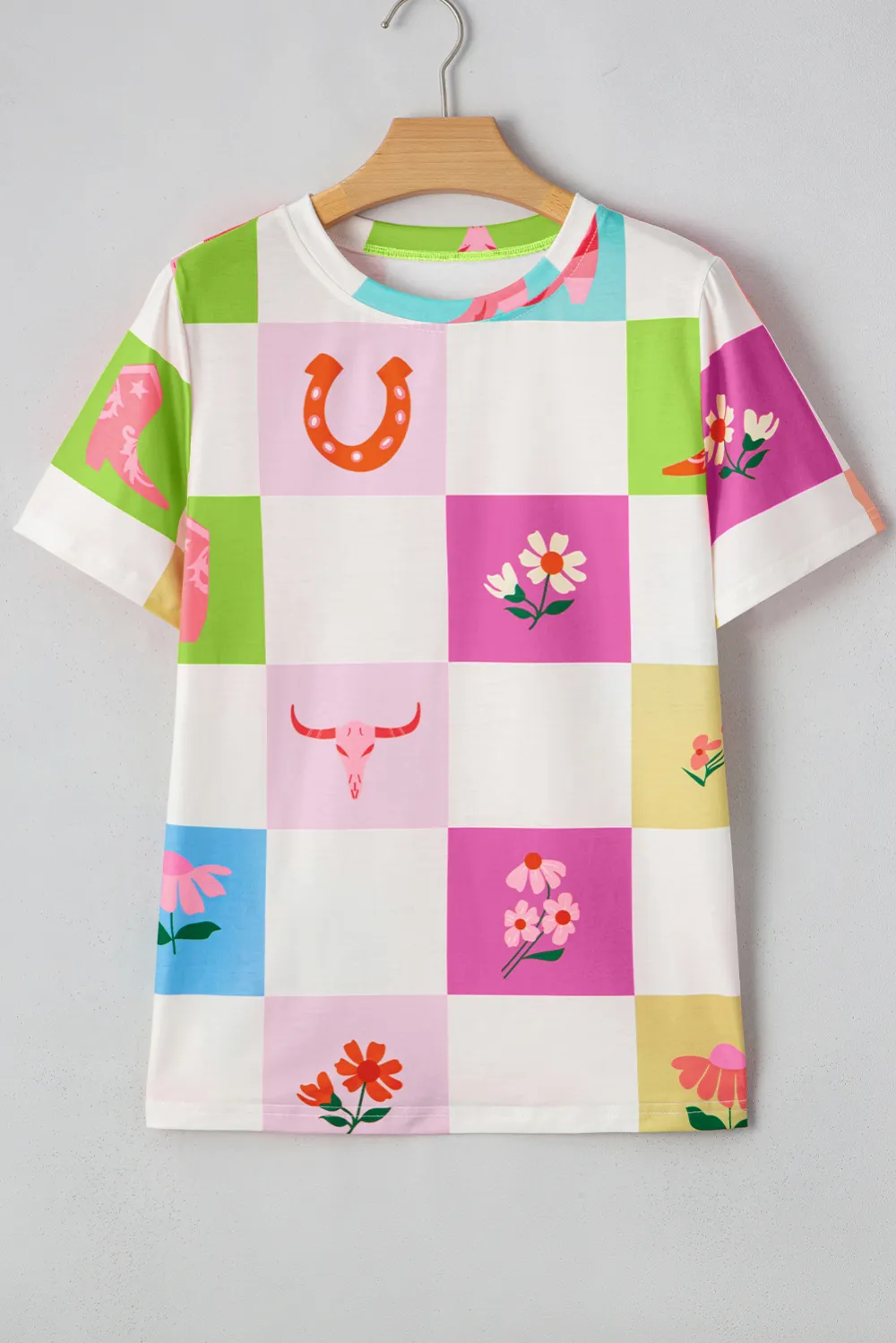 Purple Checker Print Crewneck Tee