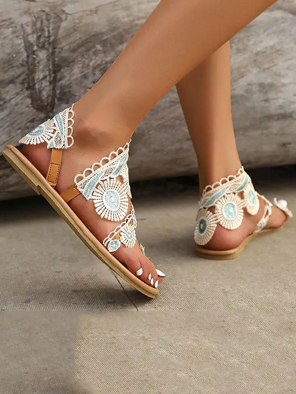 Embroidered Open-Toe Panel Detail PU Flat Sandals
