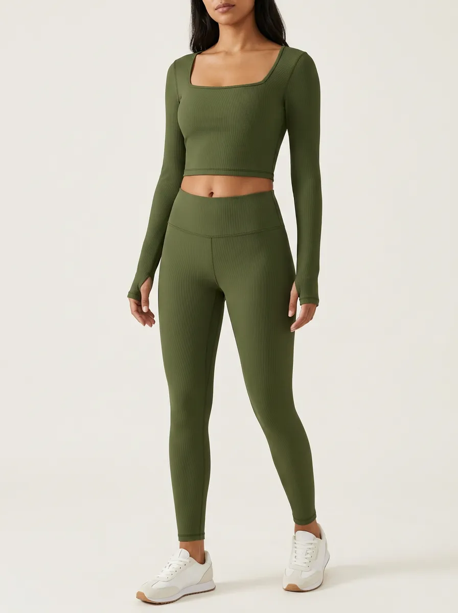 Women's Ribbed Square-Neck Thumbhole Crop Top and High-Rise Legging Set