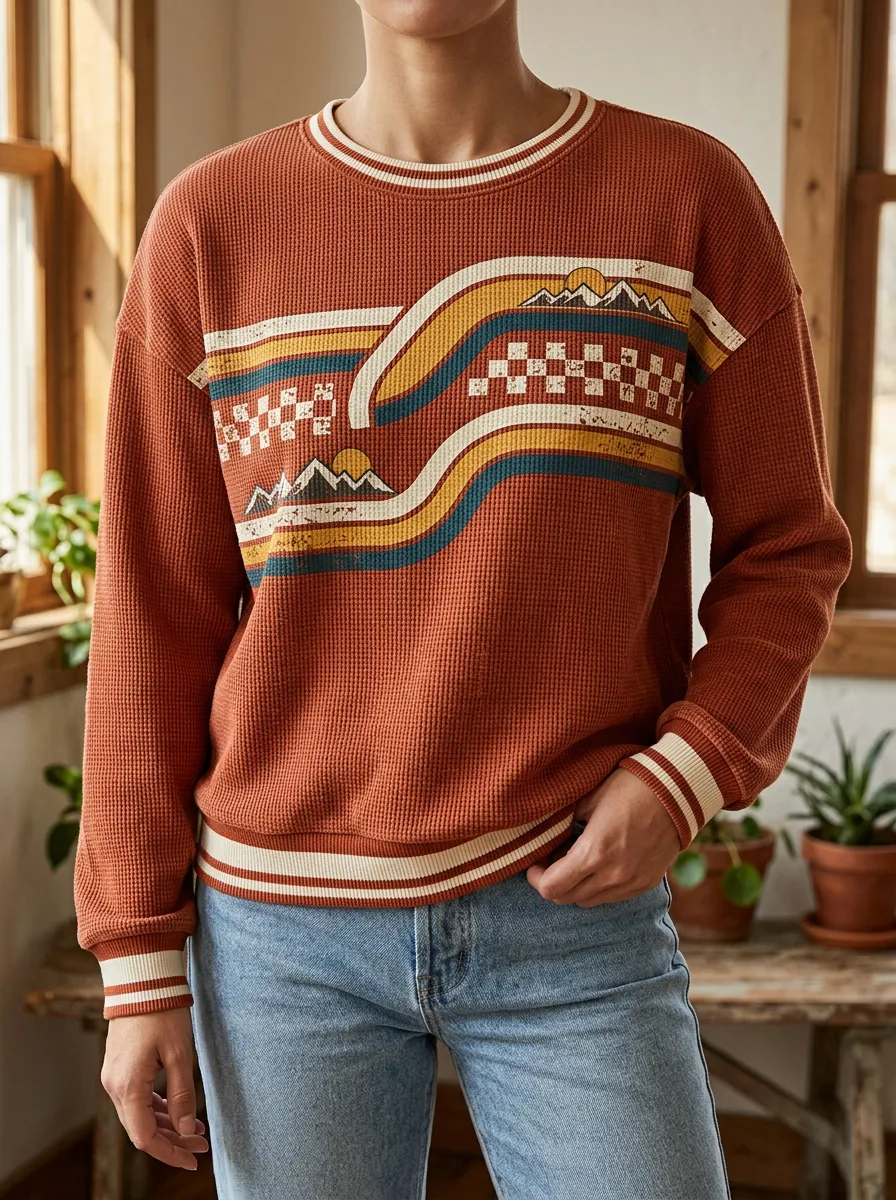 Women's Retro Mountain Checkerboard Printed Waffle Knit Sweatshirt