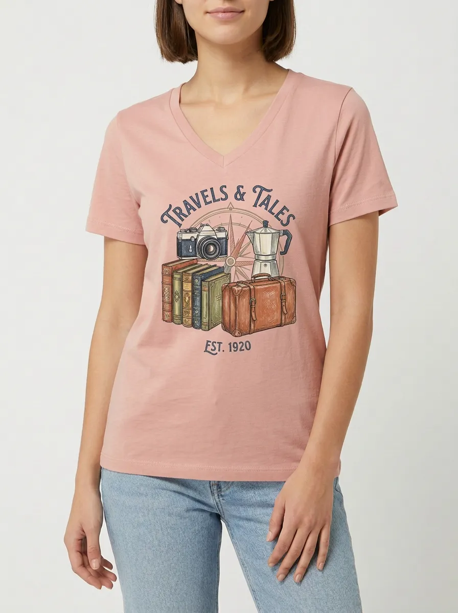 Women's Travel Compass Camera Books Graphic V-Neck T-Shirt
