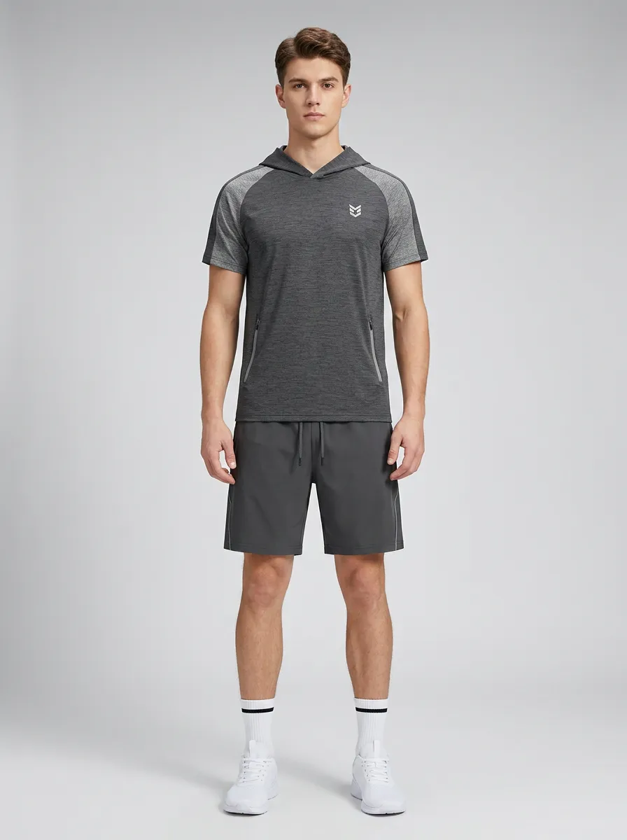Men's Athletic Gym Fitness Short Sleeve Hooded Printed Shorts Set
