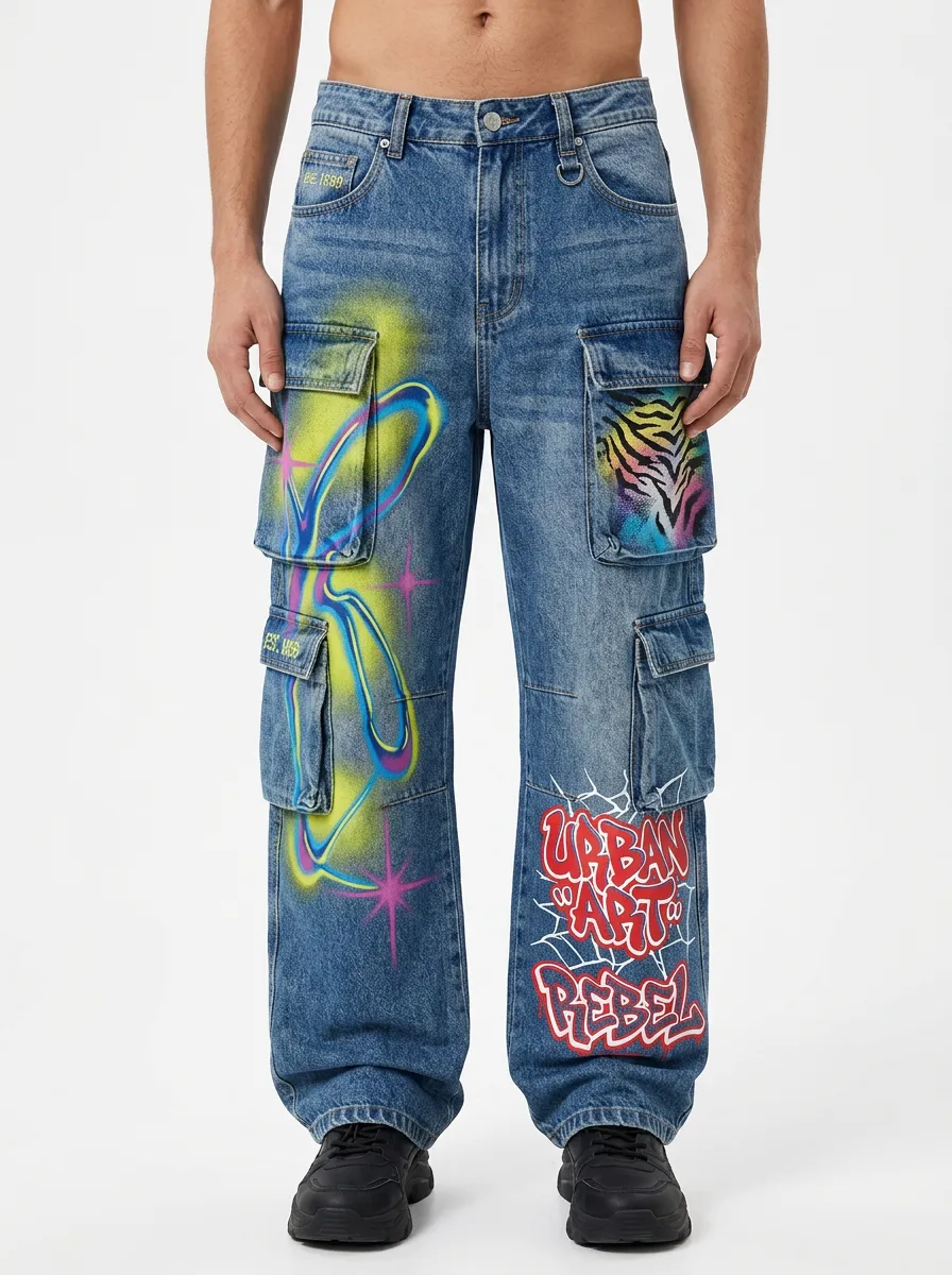 Men's Graffiti Urban Art Tiger Print Graphic Cargo Jeans