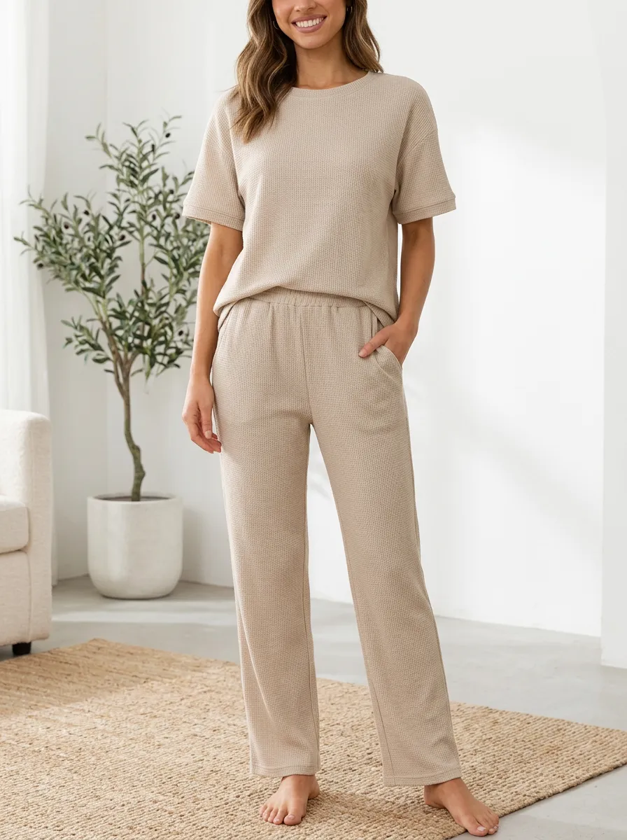 Side Pockets Waffle Knit Loungewear Set