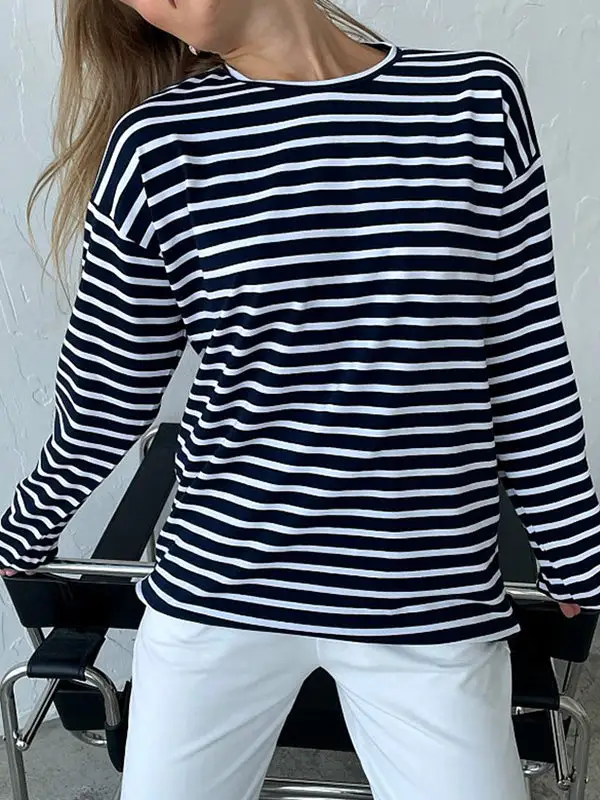 Long Sleeve Relaxed Stripe Round Neck T-Shirt