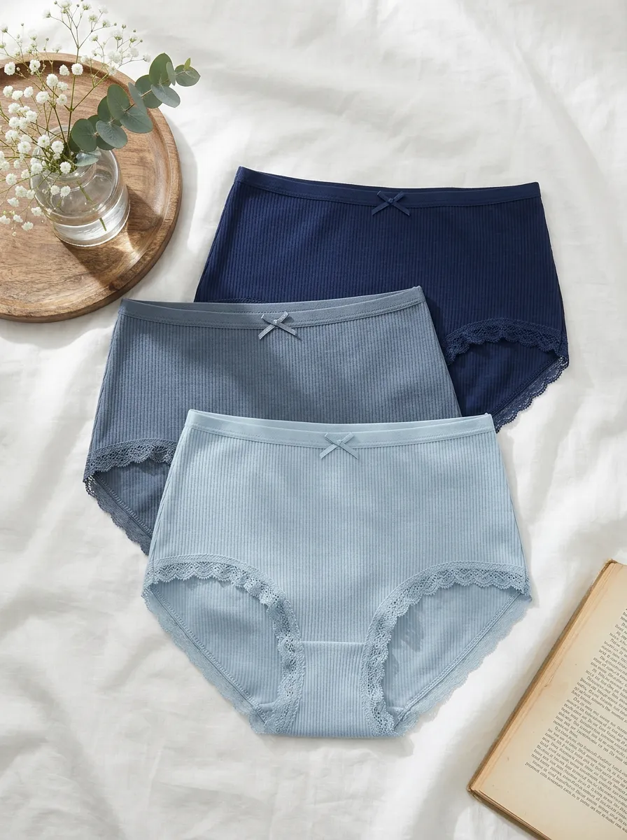 Women's Ribbed Bowknot Lace Trim 3-Pack Briefs